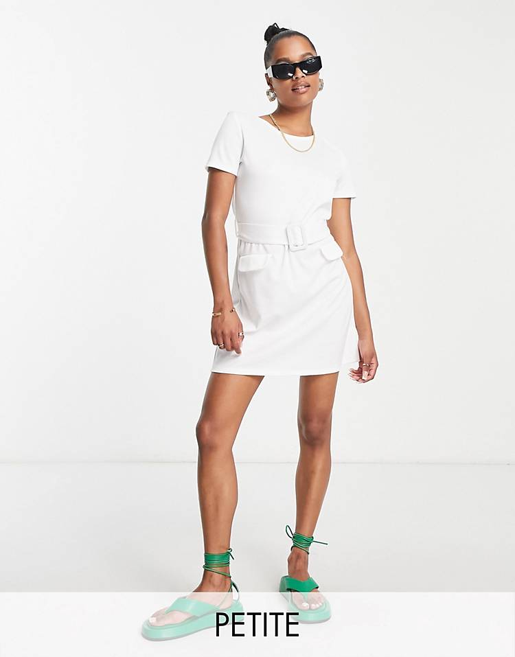 River Island Petite belted mini T-shirt dress in white